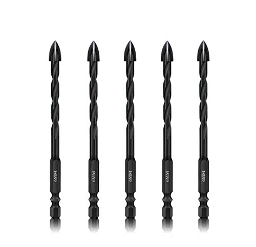JOERIC 6mm Masonry Drill Bit Set 5PC Concrete Drill Bit Set- Ceramic Brick Drill Bit Industrial Cemented Carbide Tip YG6X, Hex Shank for Glass, Soft Ceramic Tile, Mirror, Plastic.