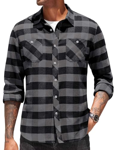 COOFANDY Men's Flannel Plaid Shirts Long Sleeve Casual Button Down Shirt with Pockets Dark Grey