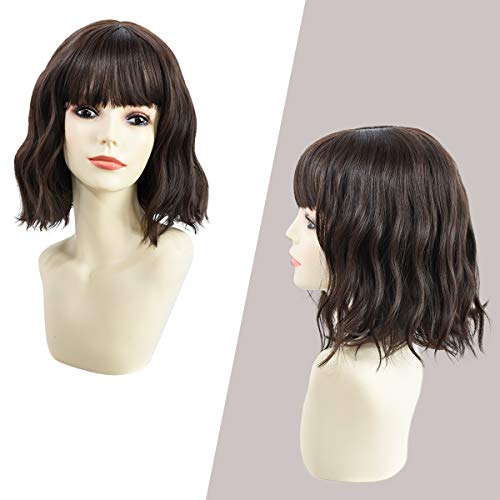 Yamel Wavy Bob Wig with Bangs Natural Brown Wig Synthetic Hair Shoulder Length Short Curly Wigs for Women - Image 2