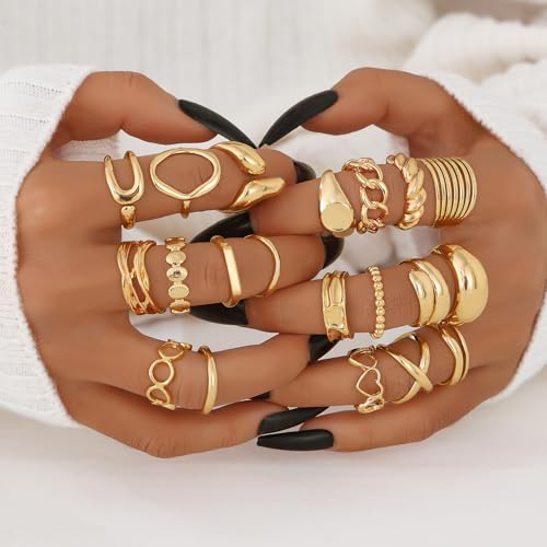 KISS WIFE 20 Pcs Chunky Gold Rings Set for Women, Trendy Thick Stackable Knuckle Rings Pack Open Design, Jewelry Gift4