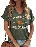 Womens Pumpkin Farm Magically Grown V Neck Shirt Fall Halloween Thanksgiving Pumpkin Patch Graphic Tee Casual Fall Tops(L,PH-Green)