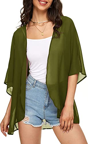 Image of Indian Trendy Women's Solid Puff Sleeve Kimono Cardigan Loose Cover Up Casual Blouse Top Chiffon