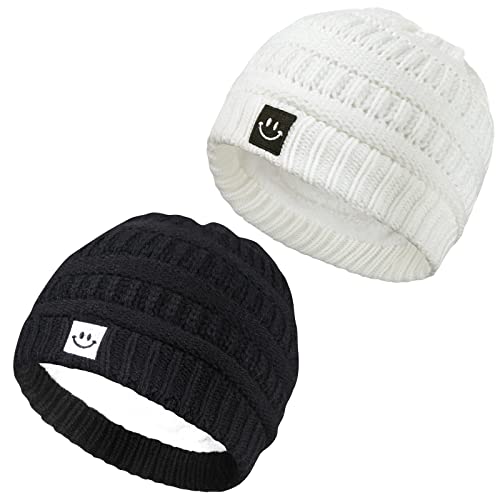 Image of MaxNova Baby Beanie Smile Face Knit Hats for Boys Girls 2 Packs 0-36 Months