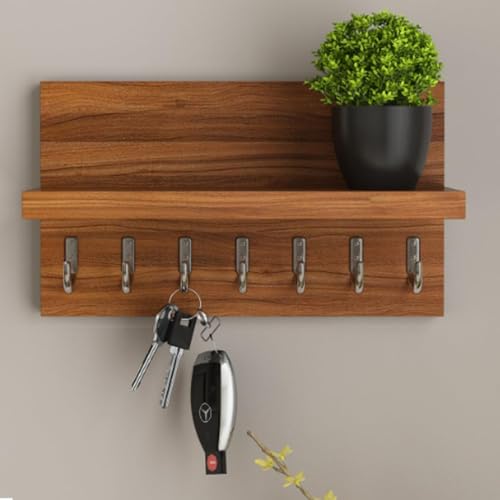 Image of Solid Sheesham Wood Key Stand for Wall | Wooden Key Holder for Home | Key Hanger | Home Decorative Keychain Holder with 7 Hooks (Honey Finish)