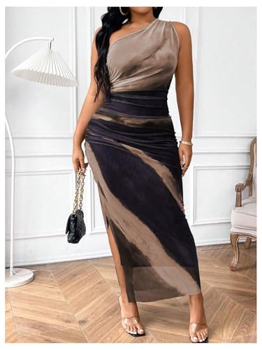 Image of Floerns Women's Plus Size Tie Dye Sleeveless Ruched One Shoulder Slit Evening Maxi Mesh Dresses