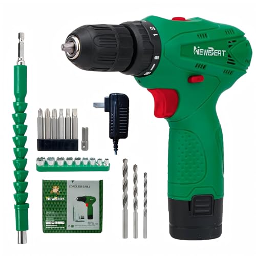 NEWBEAT Cordless Drill Set, 12V Power Drill Driver with Battery and Charger, 3/8' Keyless Chuck, 2 Variable Speed, 18+1 Torque Setting, Cordless Drill Driver Kit for Home and DIY Project