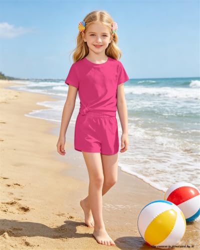 Image of Bestuline Girls Summer 2 Piece Outfits,Basic Short Sleeve Top & Shorts Set with Side Pockets,4-14Y