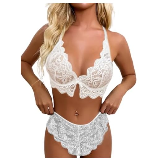 Soutien-Gorge Dentelle and Culotte Sexy Femme Ensemble 2 Pièces Col V Profond avec Dentelle Florale et Nœud Papillon Lingerie Séduisante Nuit Romantique Bralette sans Armatures Confortable (Blanc, L)