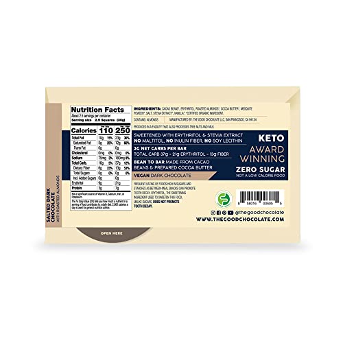 The Good Chocolate - Salted Almonds Keto Chocolate Bars, Zero Sugar, Lower Net Carb Snack, Lower Calorie, Vegan Chocolate Candy, 6 Bar Value Pack #TOP1