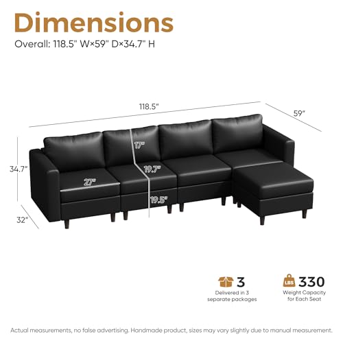 Image of ABCASA Faux Leather Modular Sectional Sofa 118.5 inch, L Shaped Couch Set for Living Room, 5-Seater Comfy Cloud Couches with Movable Storage Ottoman,DIY Combination - Black