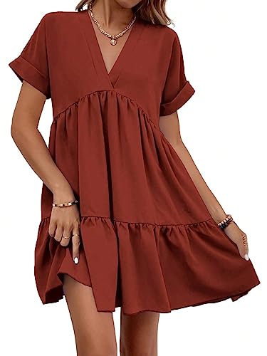 Image of WDIRARA Women's Roll Up Short Sleeve V Neck Ruffle Hem Solid Swing Smock Dress