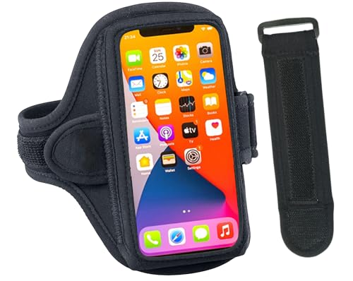Tune Belt AB91 Running Armband – No-Slip Phone Holder for Runners – Fits iPhone 17 16 15 14 Pro/Plus & Galaxy S24 S23 – Comfortable Sweat-Resistant Neoprene (Black) with EX3 Extender (Black)