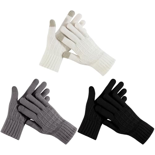 OZRTV 3 Pairs Winter Gloves for Women Warm Knit Touchscreen Gloves Womens Soft Fleece Lined Gloves