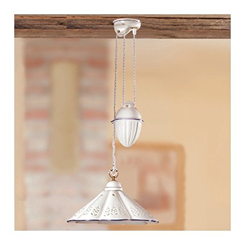 Lampadario saliscendi in ceramica con contrappeso e piatto plissettato con bordo traforato - Ø 39 cm - Verde