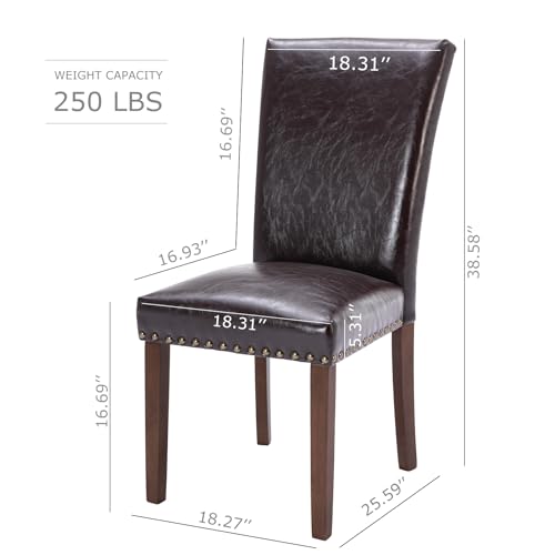 Image of COLAMY Upholstered Parsons Dining Chairs Set of 2, PU Leather Dining Room Kitchen Side Chair with Nailhead Trim and Wood Legs - Dark Brown