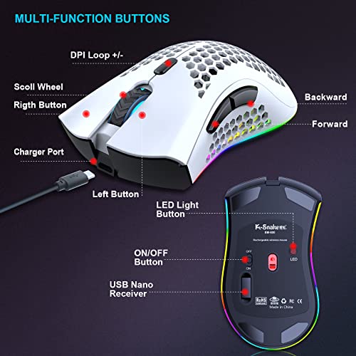 Image of Wireless Gaming Mouse, Computer Mouse with Honeycomb Shell, 7 Programmed Buttons, 3 Adjustable DPI, USB Receiver, Portable Ergonomic Optical RGB for Laptop PC /Mac, Black (White)