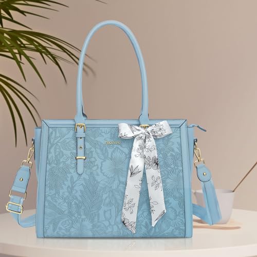 Image of MOSISO Laptop Bag for Women, PU Leather Tote Bag, Front Embossed Retro Hibiscus Computer Bags with Silk Scarf&Clutch Purse