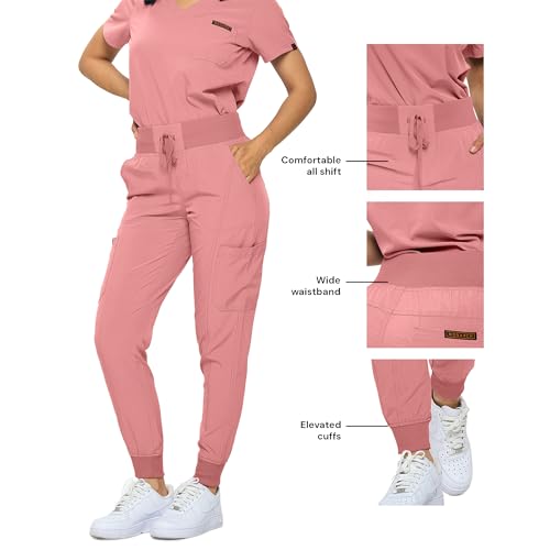 Image of Monarch Uniforms Slim Fit Stretchy Scrubs Women's Jogger Scrub Set Slim Jogger Scrubs with Tuck-In Top for Women (MAUVE-L)