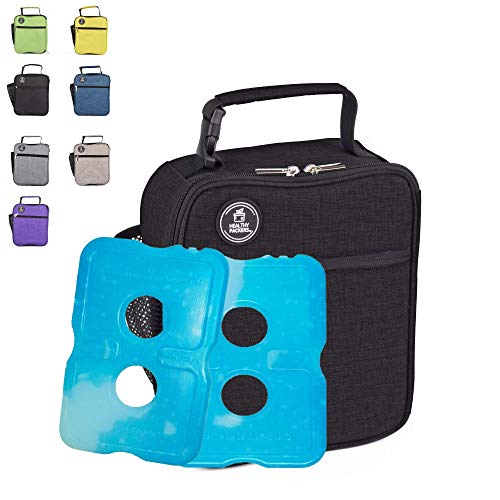 healthy packers insulated lunch box for adults and kids w/ 2 slim long lasting ice packs - professional work lunch bag for men and women - spacious and heavy duty school lunchbox for boys and girls