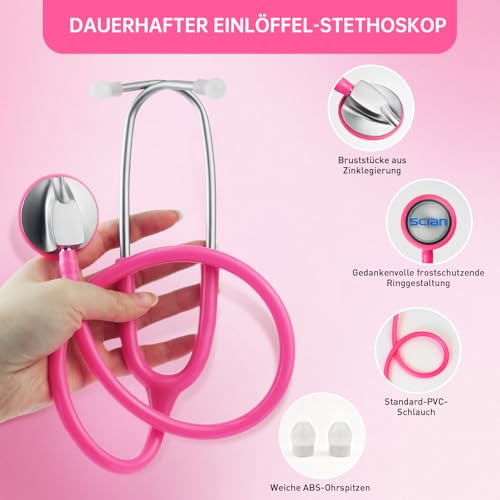 Scian Leichtes Stethoskop für Ärzte, Krankenschwestern, Studenten, Erwachsene, Einkopfstethoskope mit schwarzem Rohr, silbernes Bruststück-Headset für den Heimgebrauch (Rosa)
