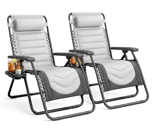 KEPLIN Set of 2 XXL Premium Heavy Duty Padded Two Tone Zero Gravity Chairs - Luxurious Garden Recliners Adjustable Headrest Cup & Phone Holder Foldable Patio Sun Loungers - 150kg Weight Capacity
