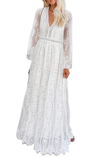 Cercis Women V-Neck Long Sleeve Floral Lace Formal Maxi Dress White Spring Fall Flowy Party Dresses for Wedding Guest
