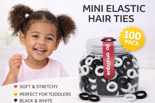 Image of Frescorr (100 pcs) Baby Hair Ties | Soft No-Damage Premium Elastic Mini Rubber Bands for girls | Strong Stretch Ponytail Holders | Daily Use Hair Accessories | (white-Black)