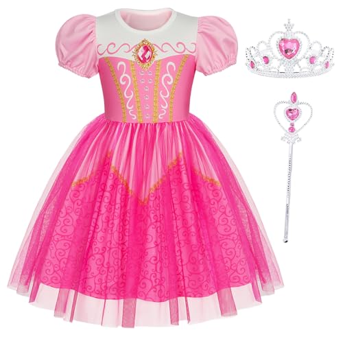 Berich Robe de princesse rose avec couronne, costume de princesse pour filles, déguisements d'Halloween, cadeaux de Noël, costumes pour la Journée mondiale du livre,...