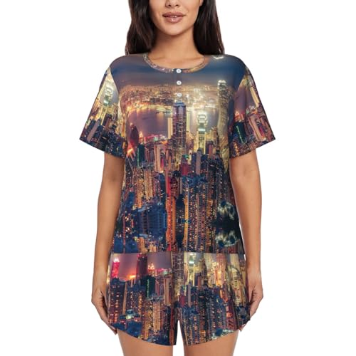 Ensemble de pyjama 2 pièces pour femme confortable col rond short à poches