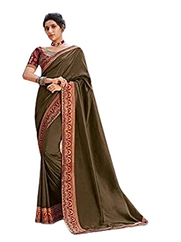 Sari traditionnel indien pour femme, sari en soie Vichitra marron vert, vêtement fête Aïd