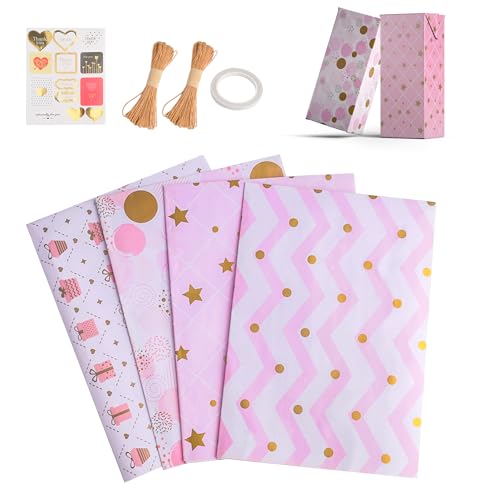 Juego de 4 hojas de papel de regalo brillante – rosa pálido 50 x 70 cm, papel de embalaje para cumpleaños, bodas y días festivos, incluye cordón, pegatinas y cinta adhesiva