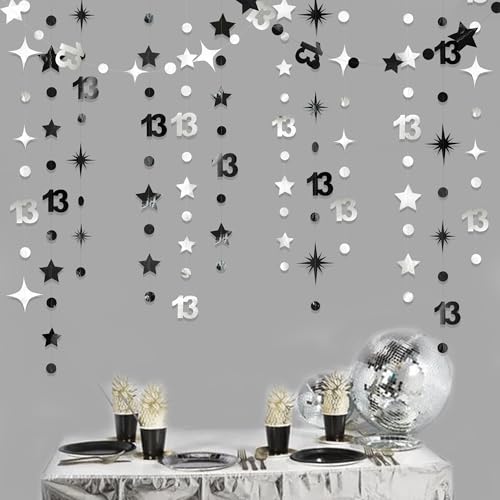 Image of Silver Black 13th Birthday Decorations Number 13 Circle Dot Twinkle Star Garland Hanging Streamer Bunting Banner Backdrop Girls Boys 13 Years Old Birthday Thirteen Official Teenager Party Supplies