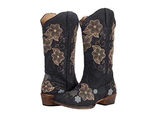 Image of ROPER Womens Riley Floral Embroidered Snip Toe Casual Boots Mid Calf Low Heel 1-2 inch - Brown
