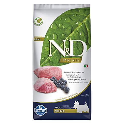 Farmina N&D Prime Adult Mini Pellets Hundefutter (Trockenfutter, mit hochwertigen Vitaminen und natürliche Antioxidantien, ohne Mais, Zutaten: Lamm und Blaubeere, Portionsgröße: 7 kg)
