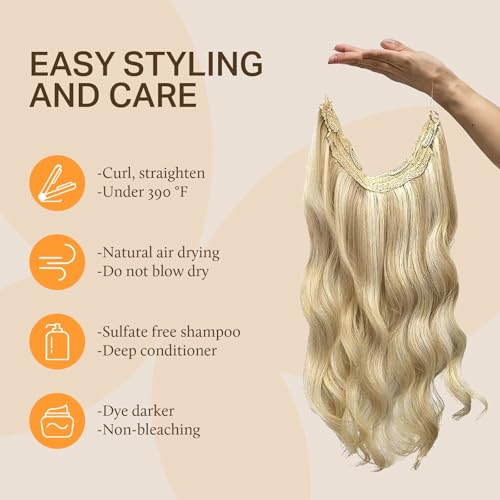 Image of DOORES Wire Hair Extensions 18 Inch 95 g Remy Human Wire Hair Extensions Invisible Transparent Line Adjustable Hairpieces Secret Balayage Light Blonde Highlighted Golden Blonde