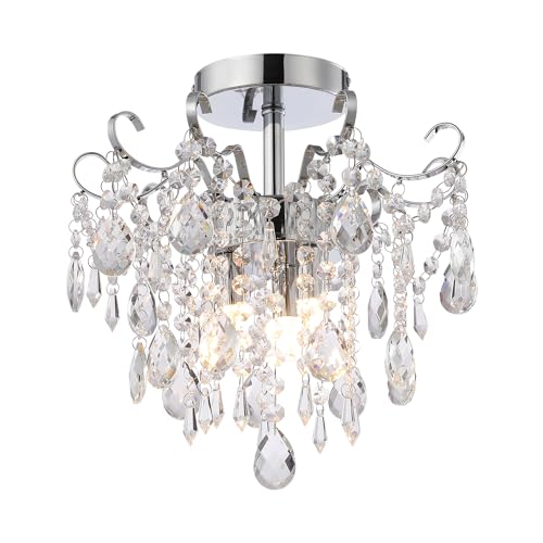 RAYMALUX Mini Chrome Chandelier Crystal Ceiling Light,Small Crystal Chandelier Flush Mount Ceiling Light Fixtures for Bedroom,Hallway,Entryway,Living,Dining Room