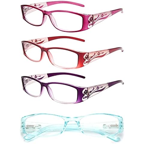 E & R Elegant Rabbit Rhinestone Reading Glasses for Women Rectangle Blue Light Blocking Computer Readers Flower Pattern Funky Bling Decor Eyeglasses(4 Pairs) (4Packs, 400) Cover