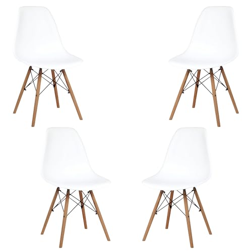 Samborella Pack 4 sillas de Comedor Modernas, Estilo nórdico, Asiento de plástico y Patas de Madera, sillas para Cocina y salón (Blanco)