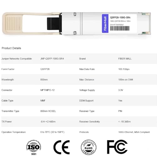 Image of Fiber Mall 100G QSFP28 100GBASE-SR4 Optical Transceiver Module 850nm 100m MMF MTP /MPO D0M for Juniper Networks JNP-QSFP-100G-SR4