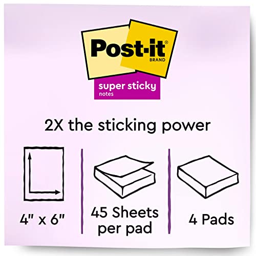 Post-It Super Sticky Notes, 4X6 In, 4 Pads, 2X The Sticking Power, Energy Boost Collection, Bright Colors (Orange, Pink, Blue, Green),Recyclable (4621-Ssau) #TOP1