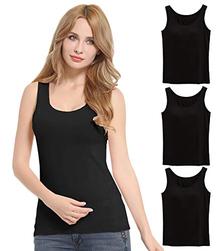 FEOYA Camiseta interior para mujer, paquete de 3 unidades, sujetador básico, push up, yoga, cuello en U, sujetador integrado, sin aros, acolchada, camiseta de tirantes para mujer, Pack de 3 Negro, XL