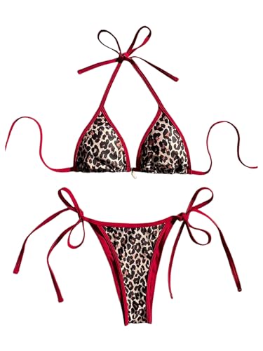 WDIRARA Women's Leopard Print Bikini Set Triangle Halter String Swimsuit Two Piece Bathing Suit