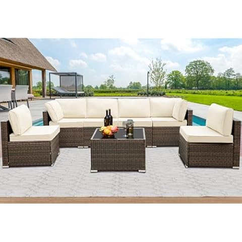 Yalissey 7 Pieces Patio Furniture Sets w/Cushions and Coffee Table, All Weather Wicker Outdoor Patio Conversation Sets,Outdoor Sectional Furniture Chair Set for Garden,Poolside,Backyard,Brown Cover