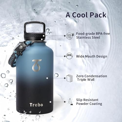 image for Trebo Water Bottle 64oz with Paracord Handle, Half Gallon Large Vacuum
