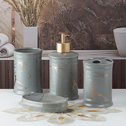 Image of SaSaSa Ceramic Bathroom Accessories Set of 4 Modern Bath Set with Soap Dispenser & Toothbrush Holder, Luxury Home & Gift Idea, Grey /Gold (8227)
