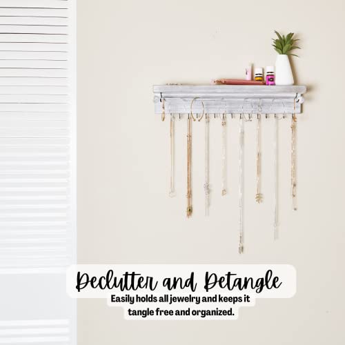 Rustic White Necklace Jewelry Organizer - Wall Mount Jewelry Holder - Mounted Hanging Jewelry Storage Hooks for Necklace, Earrings, and Rings - Farmhouse Wood Decor Bedroom Boho Shelf Rack by SoCal Buttercup - Image 6