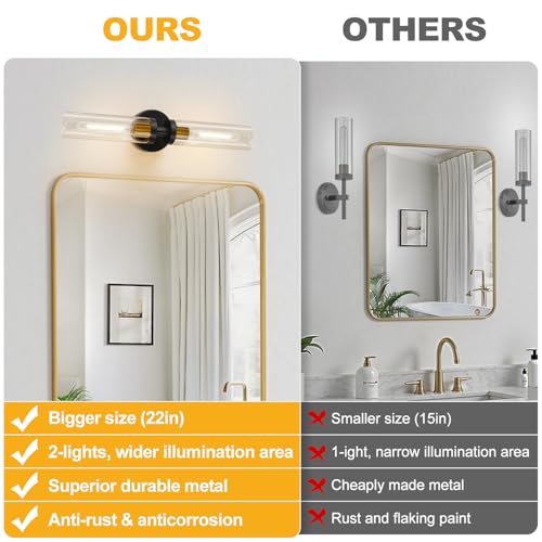 Image of Indoi Black and Gold Wall Sconce, Hardwired Bathroom Sconces Wall Lighting with Clear Glass, Modern Sconces Wall Light fixtures for Bathroom Mirror Living Room Hallway Bedroom