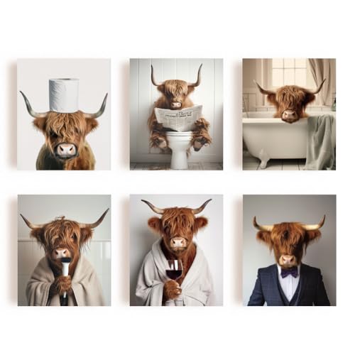 SUPERDANT 6 Pcs Highland Cow Wall Art Canvas Bathroom Wall Pictures Modern Toilet Canvas Pictures Highland Cow Print Paintings for Living Room Kid's Bathroom Toilet Decoration Unframed