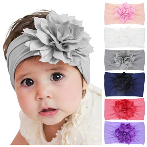 Baby Girl's Headbands with Chiffon Lotus Flower Soft Nylon Headwraps for Take Pictures (Mixed 6 Pack)