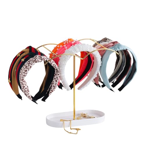KELEQUI ZAP Headband Holder with Ceramic Jewelry Tray,Headband Organizer for Women Girls,Hair Hoop Band Ear Display Stand,Aesthetic Vanity Hair Accessories Organizer for College Dorm Room Gold Decor